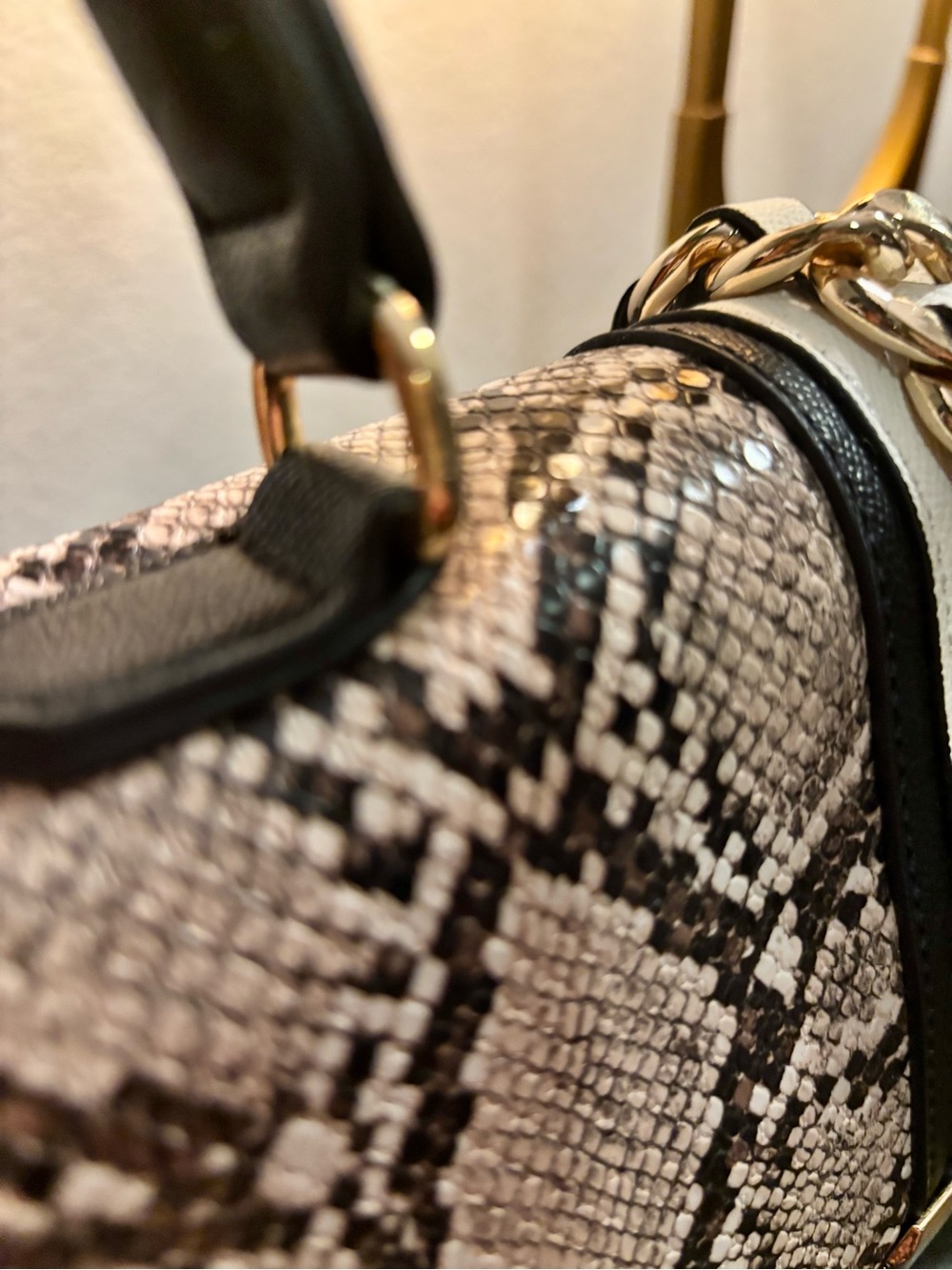 Structured Top-Handle Snake-Print Satchel in Black & Cream - Picture 3 of 8